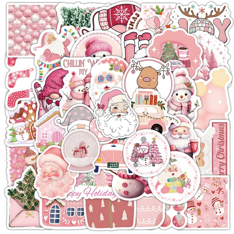 52pcs 귀여운 만화 핑크 크리스마스 스티커 산타 클로스 데칼 노트북 노트북 전화 가방 장식 스티커 어린이 장난감