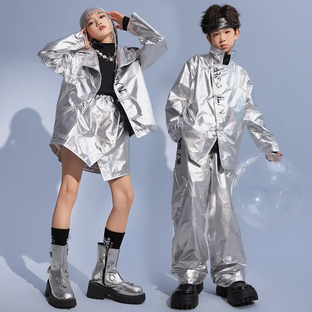 Children Silvery Jacket Pant Skirts Boys Gilrs Coat Skirt Sets Fashion Show Jazz Hip Hop Costume Stage Clothing Kids Tracksuits