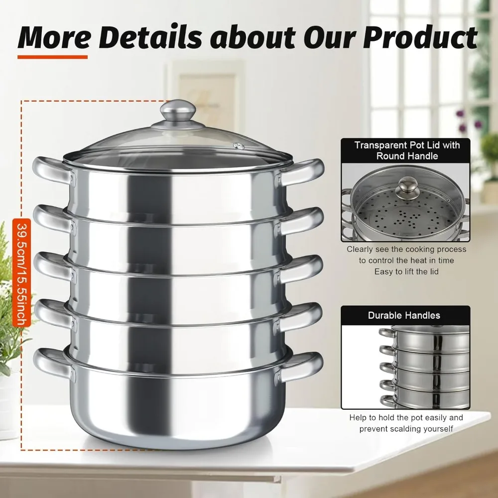 Stainless Steel Steamer Cookware Pot Vegetable Steamer with Tempered Glass Lid Stackable Cooking Steam Pot Kitchen Cookware