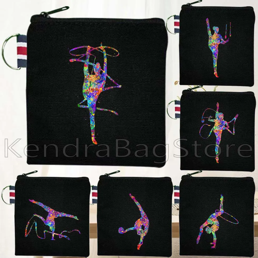 Monedero negro de gimnasia rítmica de baile colorido, bolsa con cinta, bola de cuerda, arte de acuarela, pequeñas bolsas cuadradas para tarjetas y llaves, cartera
