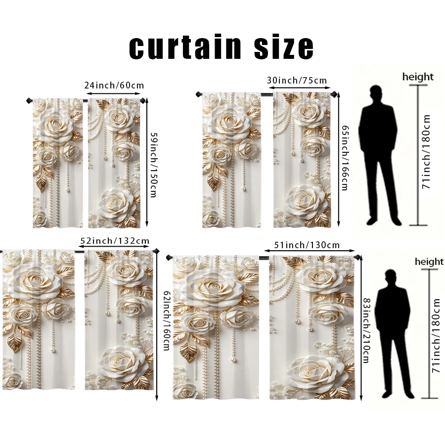 2PCS Curtains, Cream White, 3D White Rose, Golden Leaf & Pearl Embossed Pattern, for Bedroom, Living Room, Rod Pocket Style