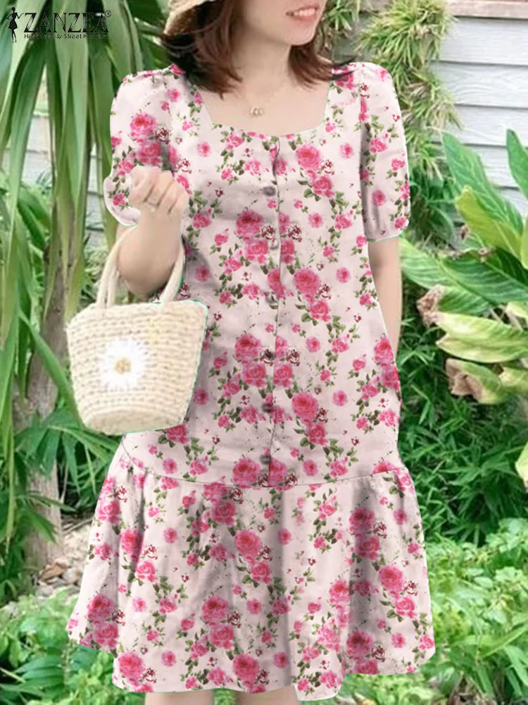 

Elegant Women Summer Floral Printed Dress ZANZEA Bohemain Holiday Vestidos Robe Femme Short Sleeve Square Neck Party Sundress