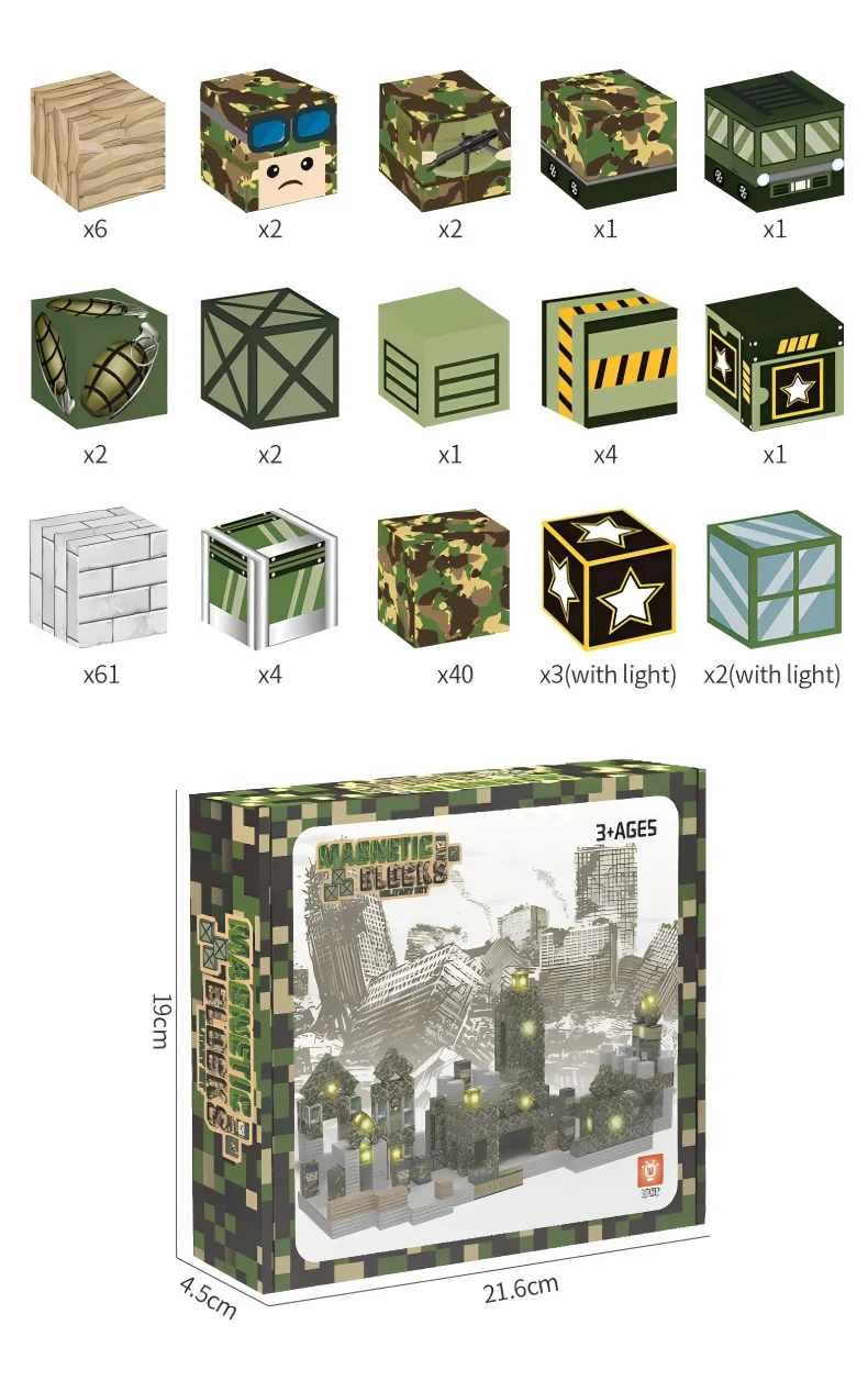 Magnetyczne klocki konstrukcyjne ze światłami, wojskowe, edukacyjne STEM, Montessori, sensoryczne kostki do układania, zabawki dla dzieci od 3 lat, prezenty dla chłopców i dziewczynek.