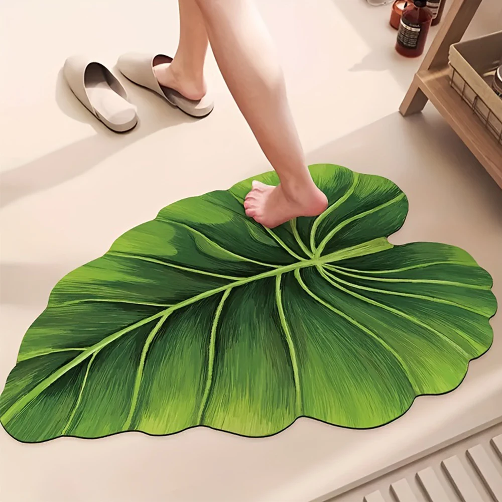 1 Stück grüne blattförmige Bodenmatte, schnell trocknender Badezimmerteppich, dekorativer Teppich für Schlafzimmer, Nachttisch, Küche, Tür, schmutzabweisende Fußmatte