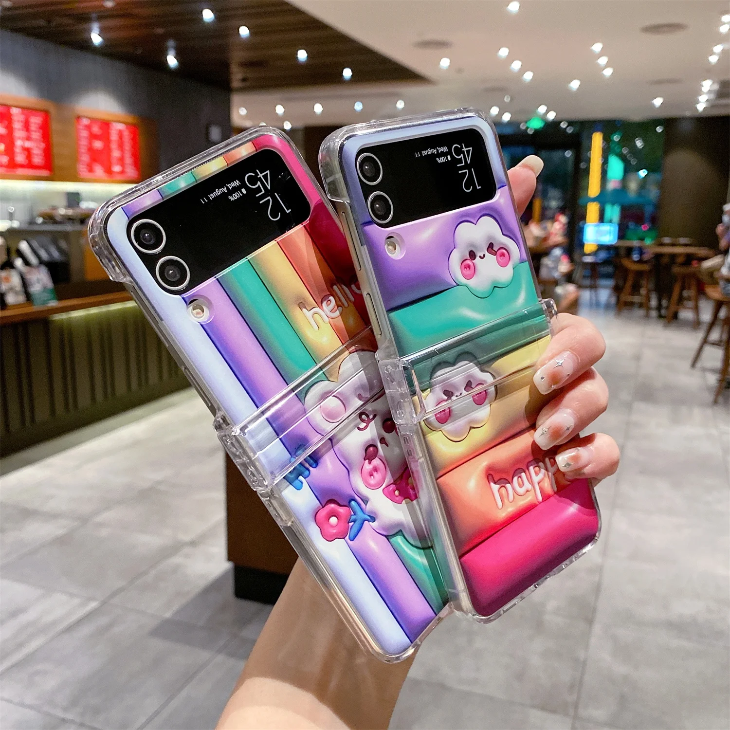 For Samsung Galaxy Z Flip 4 3 Case Fashion Rainbow Rabbit Painted Bracelet Shockproof Cute Back Cover For Samsung Flip3 Case