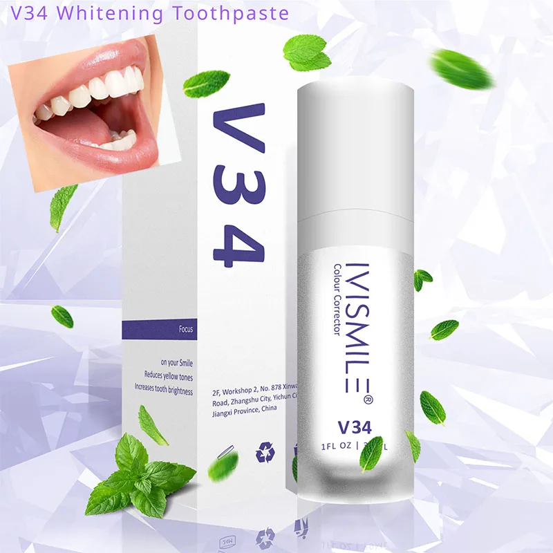 V34 Whitening Toothpaste Toning Serum Purple Hedge Gel Brightening White Teeth Remove Yellow Tooth Stains and Freshen Breath