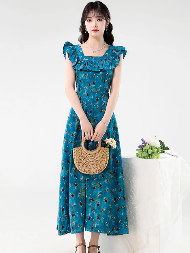 2025 Blue Floral Ruffled Square Collar Sleeveless Dress Summer Elegant Luxury Long Dress Women Korean Vintage Bodycon Prom Dress