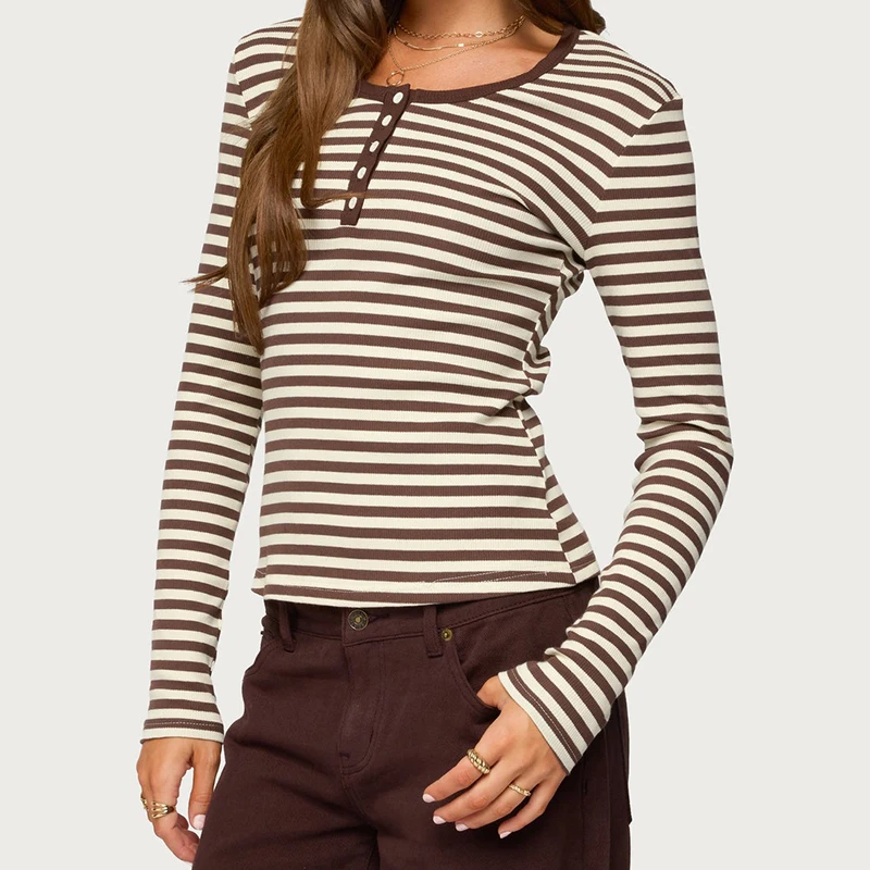 عادية كم طويل مخطط زر الجبهة تي شيرت المرأة الأساسية صالة المحاصيل القمم الخريف Preppy في سن المراهقة فتاة الكلاسيكية صالح البلوز تيز
