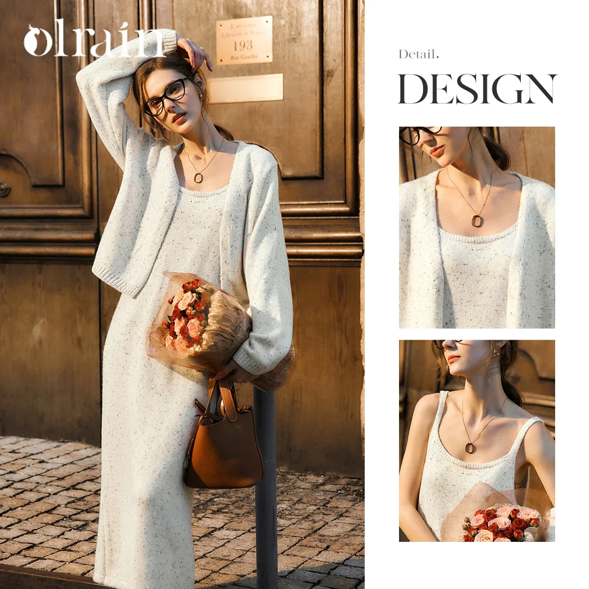 OLrain Women 2025 New Winter Beige Two-piece Knit Set Open Cardigan Sleeveless Midi Dress Lazy Casual Elegant Suit O56DE95605