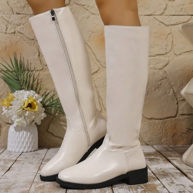 Women Knee-high Boots Autumn New Leather Thick Heeled Female Long Botas Fashion Solid Color Side Zipper Boots Women's Shoes image 4