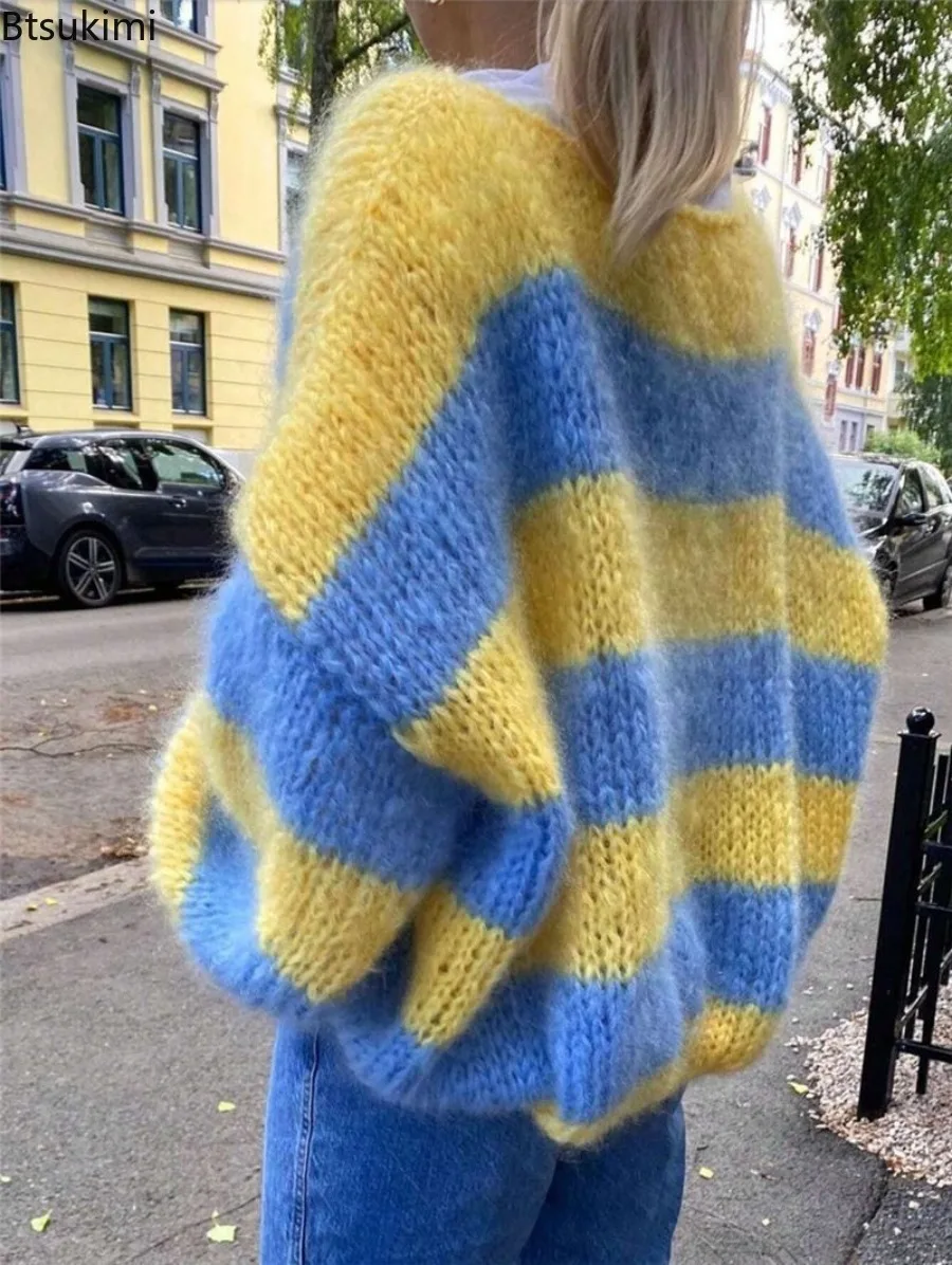 Neuer Damen-Flauschpullover mit Kontraststreifen, Oversize-Pullover für Herbst und Winter, Warmer Langarm-Boat-Neck-Pullover, Lässiger Streetwear-Oberteil