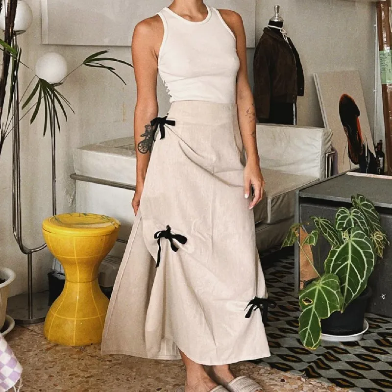 

Summer Women Cotton Skirts With Black Bow Vintage High Waist Patchwork Chic Long Apricot A-line Skirt High Slit Ladies Clothing