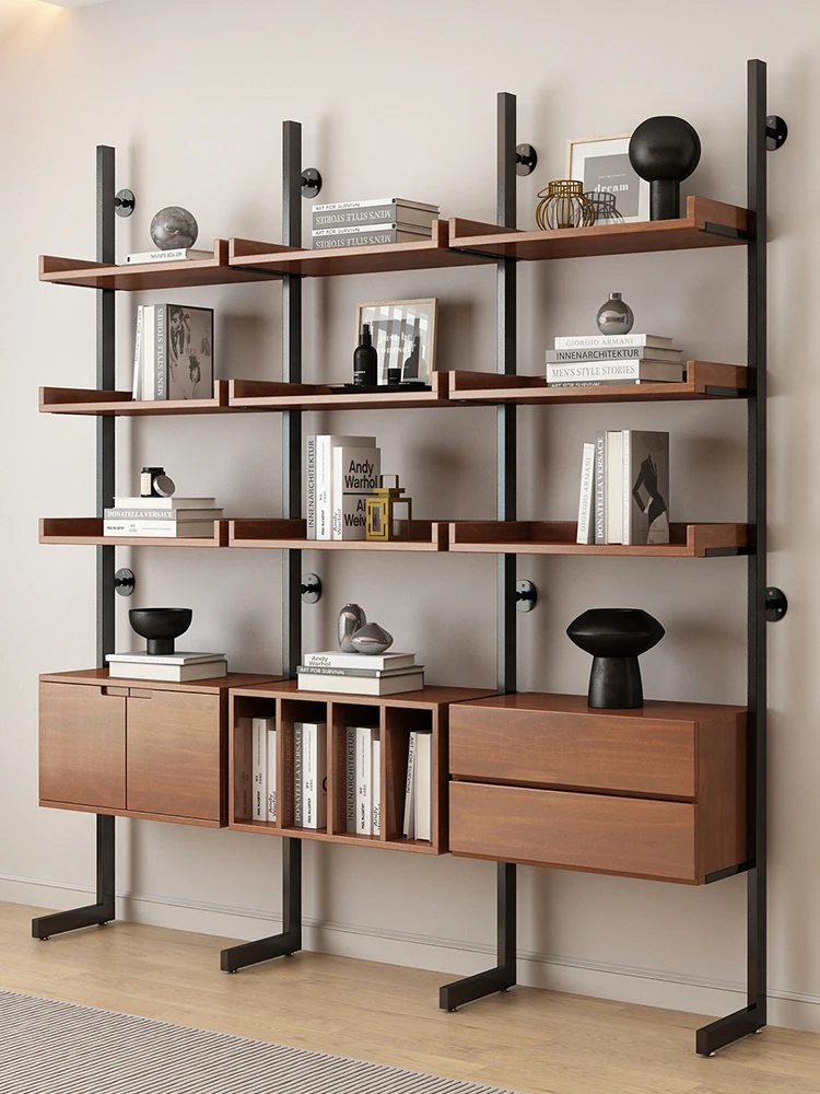 Solid wood simple bookshelf creative wall-mounted bookcase wrought iron storage cabinet