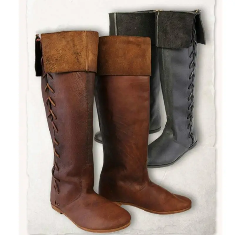 Botas de cuero Pu para Cosplay de caballero Retro Medieval, zapatos Retro para hombres y mujeres, zapatos góticos de tubo alto con cordones para fiesta de Carnaval y Halloween