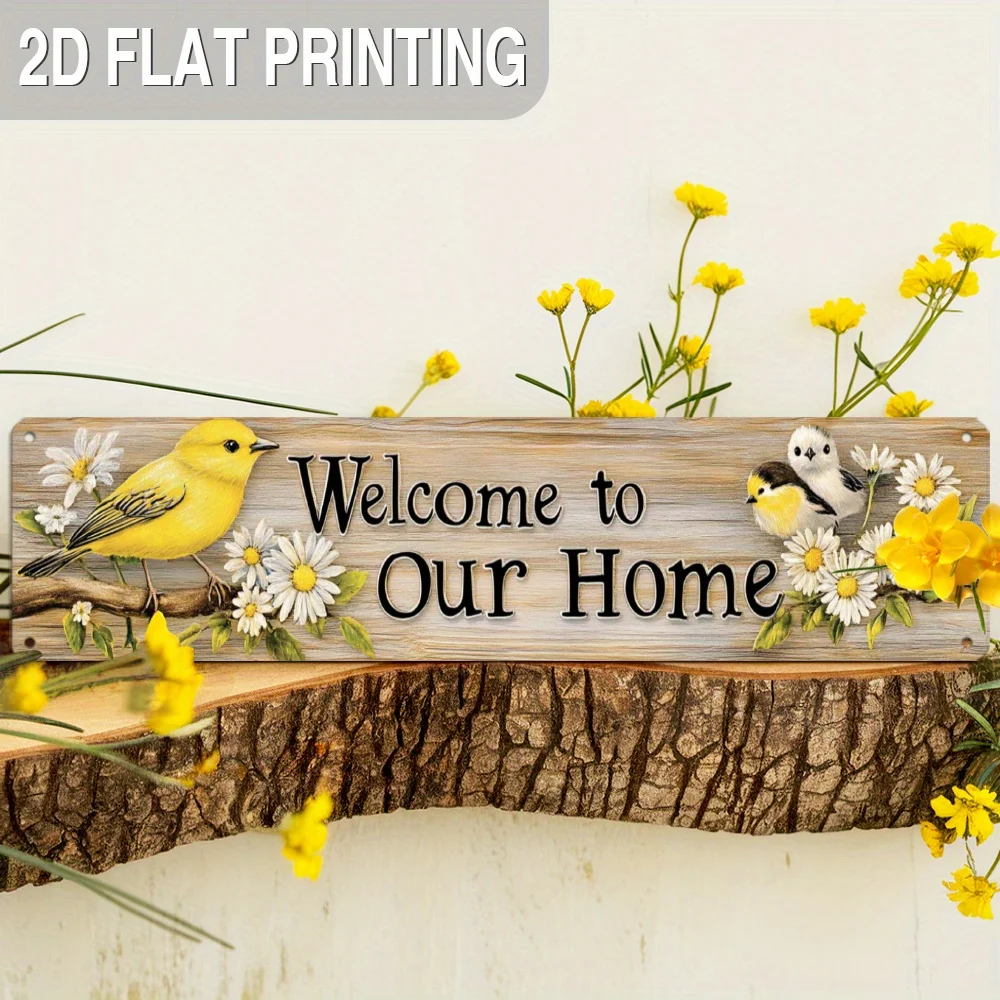 2D Flat, 1pc Rustic Welcome to Our Home Metal Sign - Farmhouse Wall Decor with Bird & Daisy Design, 9.91x39.88 cm Vintage Metal