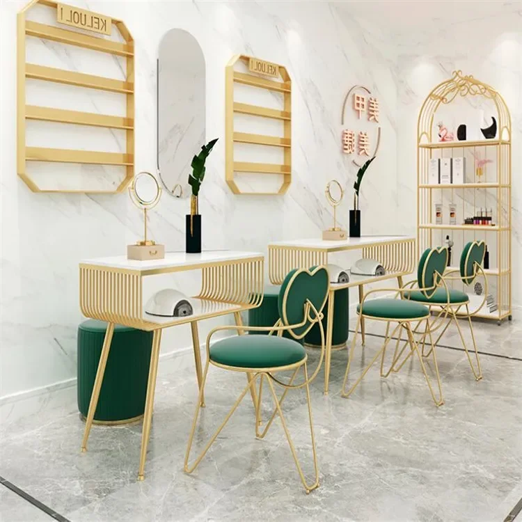 Fashion Marble Nail Table and Chair Set, Single Double Golden Iron Manicure Table Set