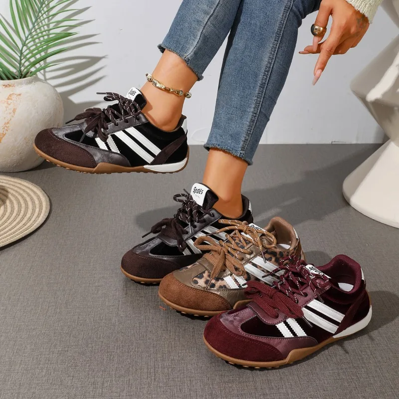 Women's Sneakers 2026 New Splicing Striped Round Toe Loafers Fashion Retro Soft Soled Non Slip Women Shoes Zapatillas De Mujer