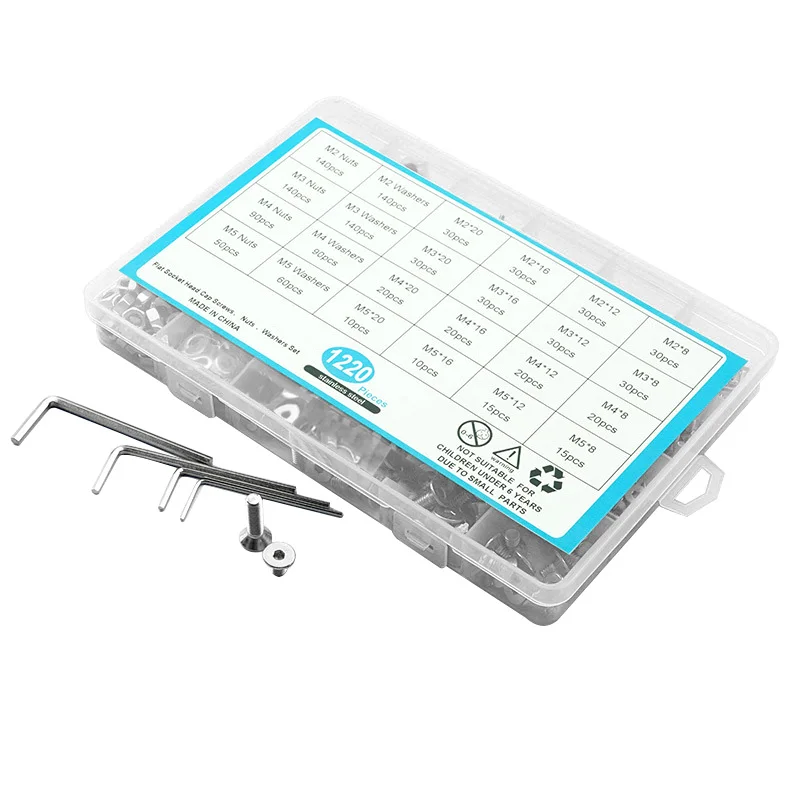 Imagem -03 - Hex Parafuso de Cabeça Soquete Kit Plana Parafuso Allen Escareado com Porca Arruela Plana Conjunto Aço Inoxidável 1220 Peças m2 m3 m4 m5 304 de