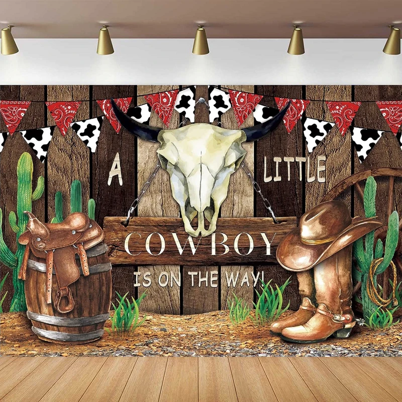 Photography Backdrop Rustic Wooden Pattern A Little Cowboy Is On The Way Rodeo Western Hat Shoes Background Cactus Party Decor