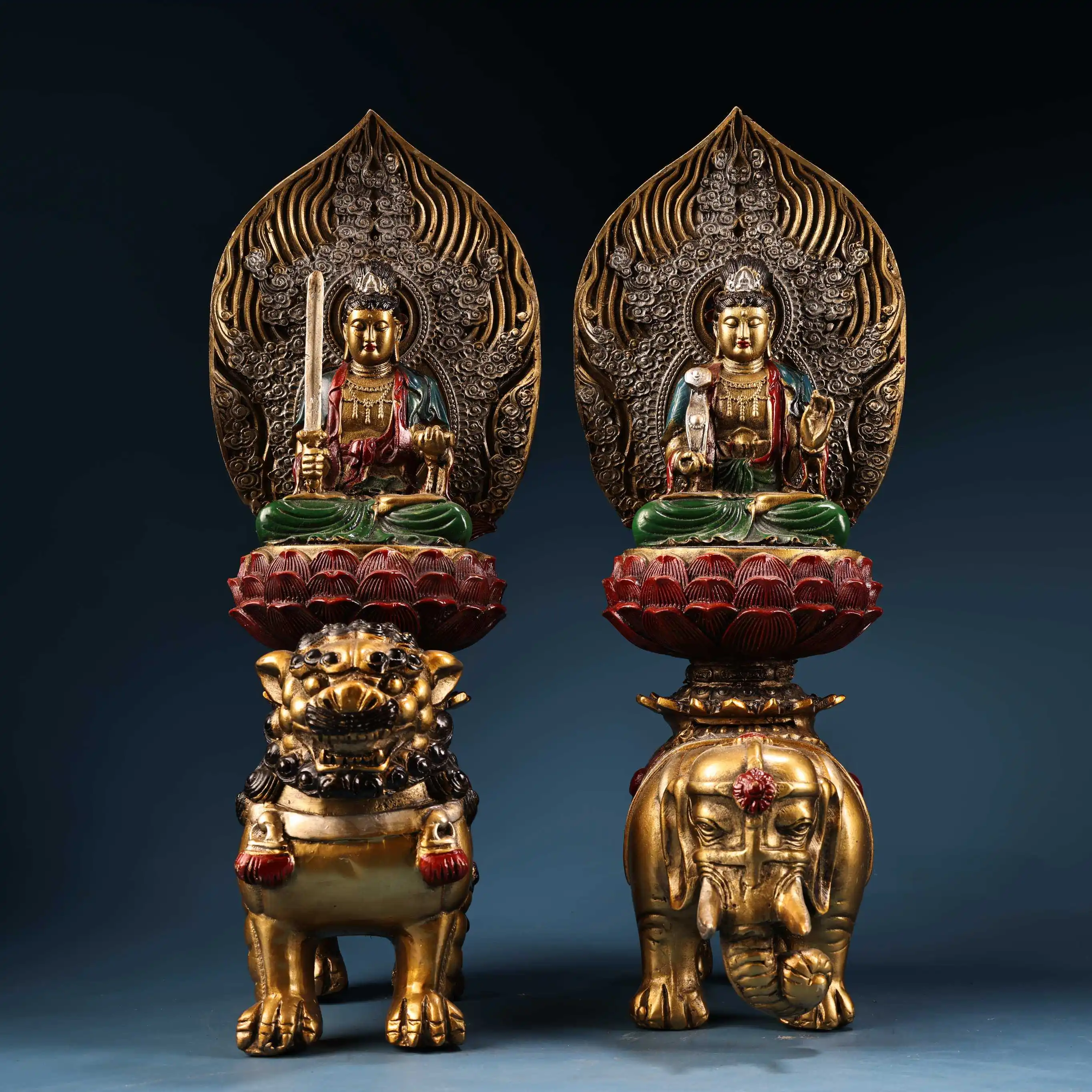 Antique Bronze High Relief Engraved Gold Painted Manjushri Samantabhadra Pair Heavy Patina Fine Craft