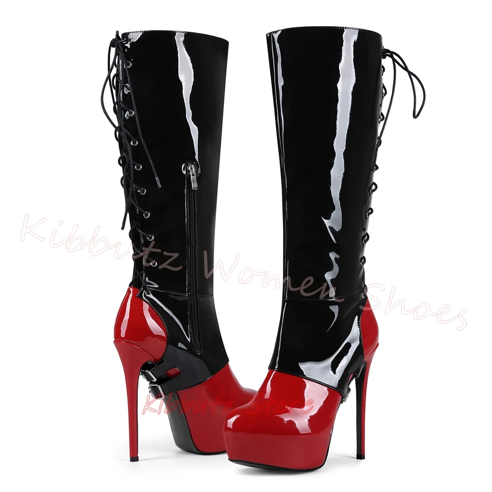 Women Platform Boots Knee High Lace Up Cross Strap Thin Heel Leather Front Tie High Top Shoes Gothic Punk Style Motorcycle Shoes