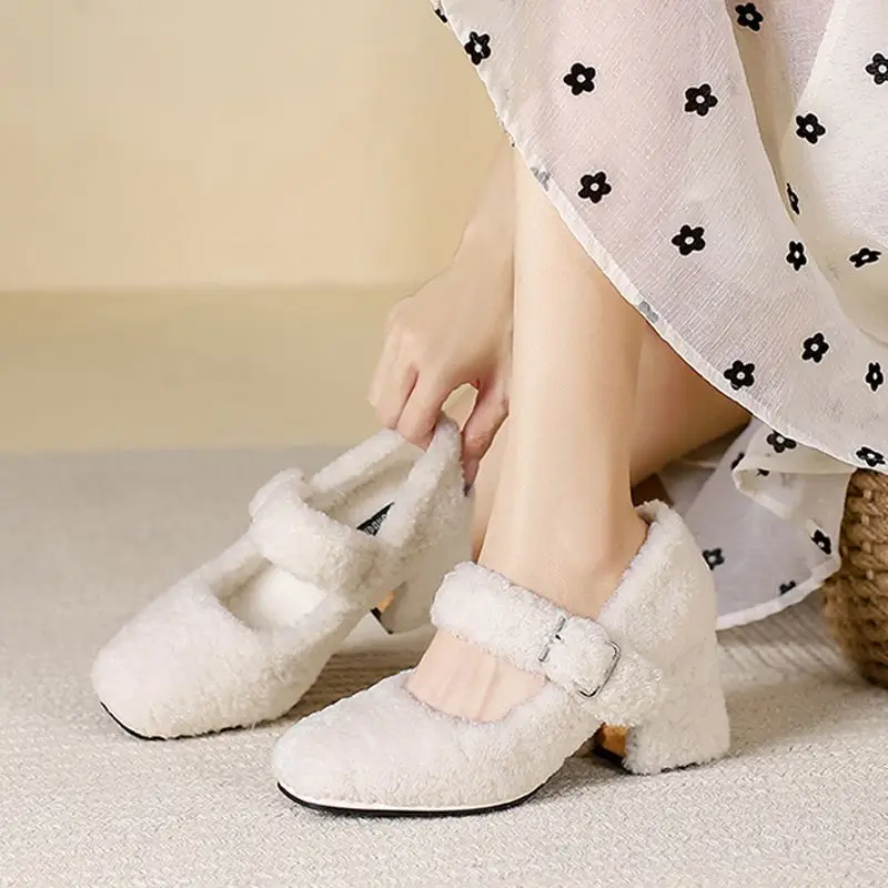 

Fleece Lined Women's Slip-On Shoes with Teddy Fur High Heel Strappy Ankle Booties Trendy Winter Rubber Sole Comfortable Loafers
