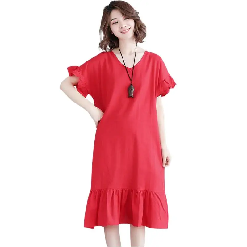 

Cotton Linen Sweet Loose Straight Dresses Vestidos New 2024 Casual V-neck Butterfly Sleeves Elegant Dress Plus Size Vestidos