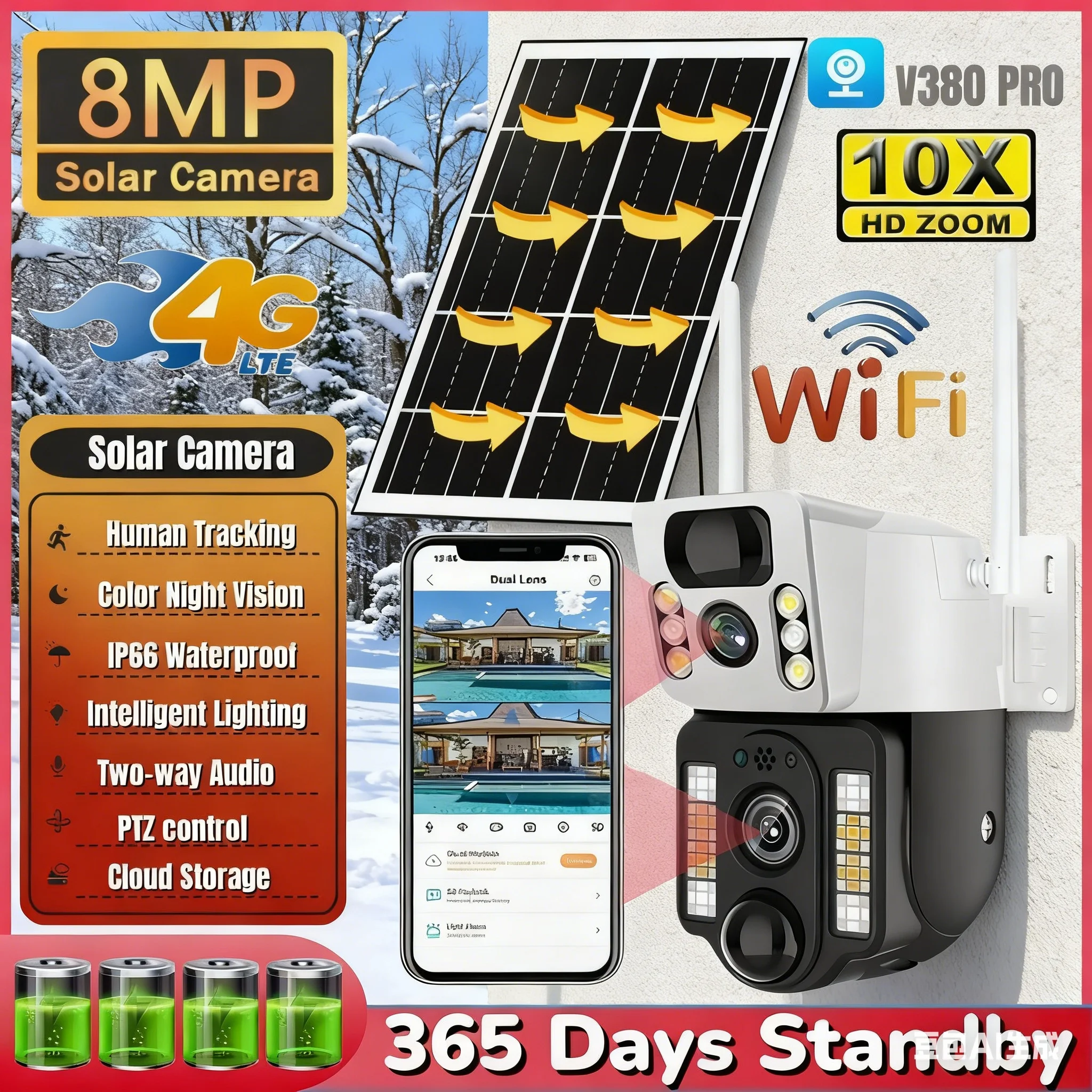 

4G SIM Wireless Solar Powered Camera 8MP 4K Dual Lens Wifi IP PIR Night Vision V380 pro Outdoor CCTV Security Monitor PTZ