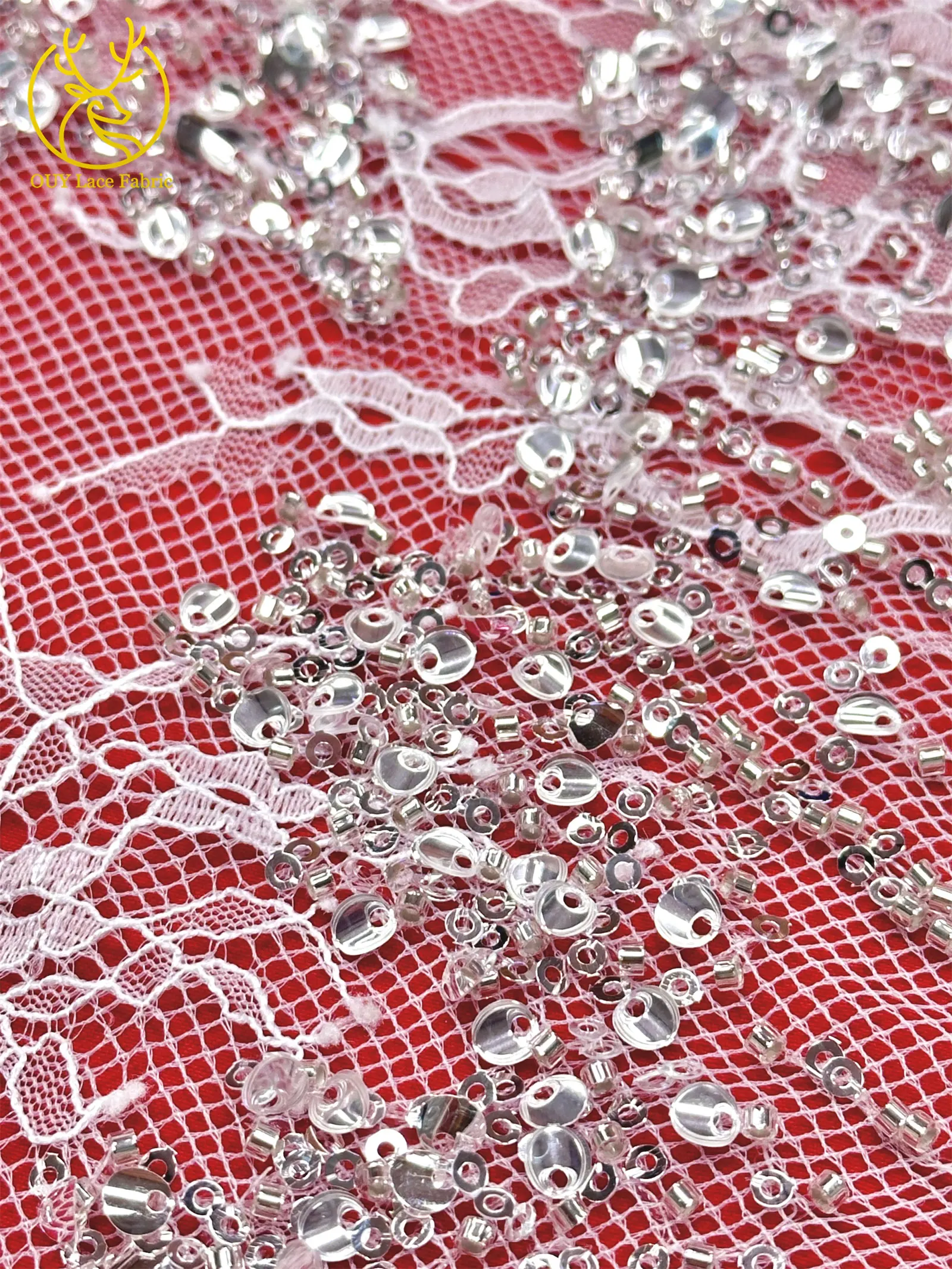 Weinroter afrikanischer bestickter Perlen-Spitzenstoff, 5 Yards, französisches Blattmuster, Pailletten-Tüll-Spitzenstoff für Hochzeits- und Partykleider – Detail 13
