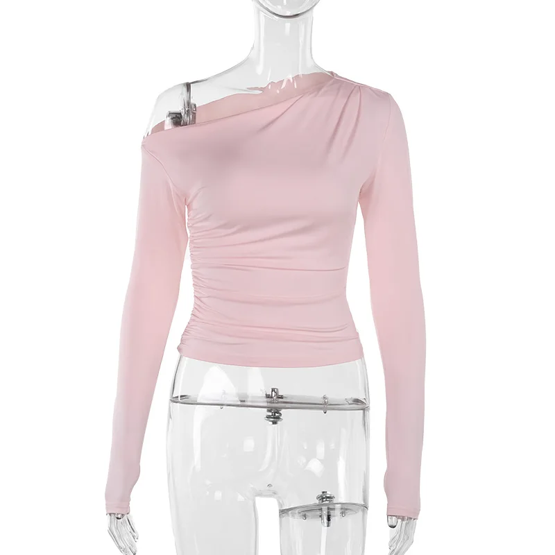 Diseño personalizado, informal, de manga larga, con cuello barco y hombros descubiertos, Top corto ajustado, blusas para salir, camisas ajustadas Y2K XY24338SKO