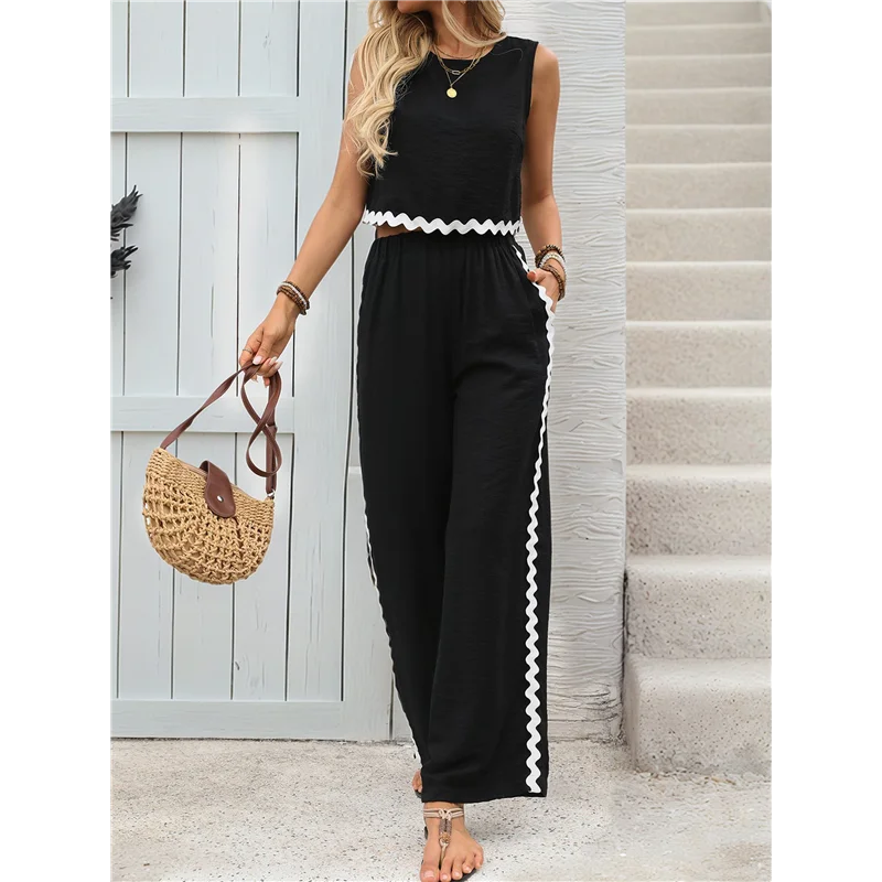 

ABRT-Womens Summer 2 Piece Outfits Sleeveless Cropped Tank Button Back Top Wide Leg Pants Linen Set
