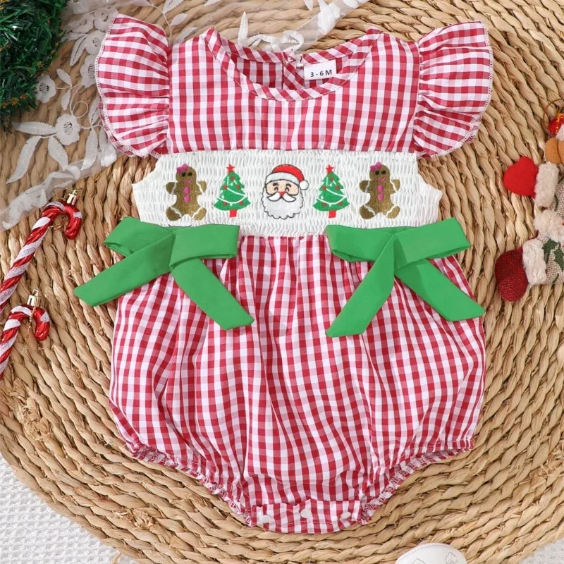 Newborn Infant Baby Girls Christmas Gingham Bubble Romper Smocked Santa Gingerbread Tree Embroidery Big Bow Holiday Outfit 0 24M