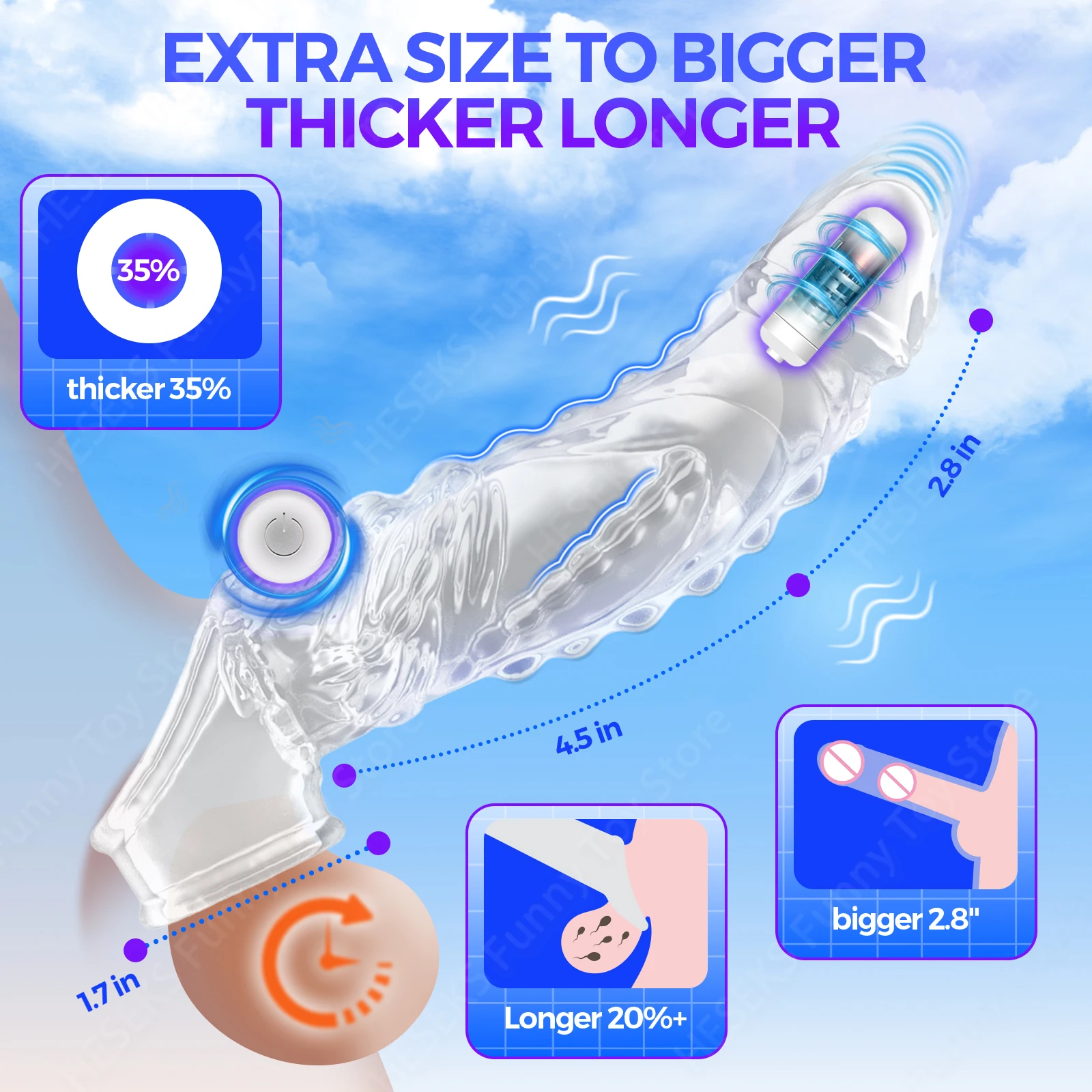 HESEKS Penis Sleeve Extensions Condom Male Enlargement Delay Vibrators Cock Ring Vibrating Penis Extender Cover Sex Toys for Men