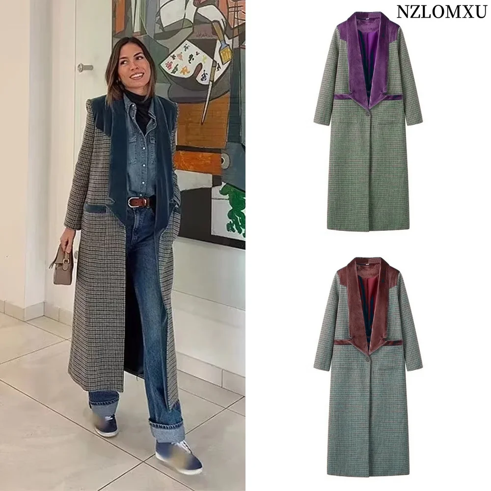 Plus Size Women's Clothing Autumn And Winter Woolen Coat Long Coat With Blue Velvet Stitching On The Shoulders And Collar Coat