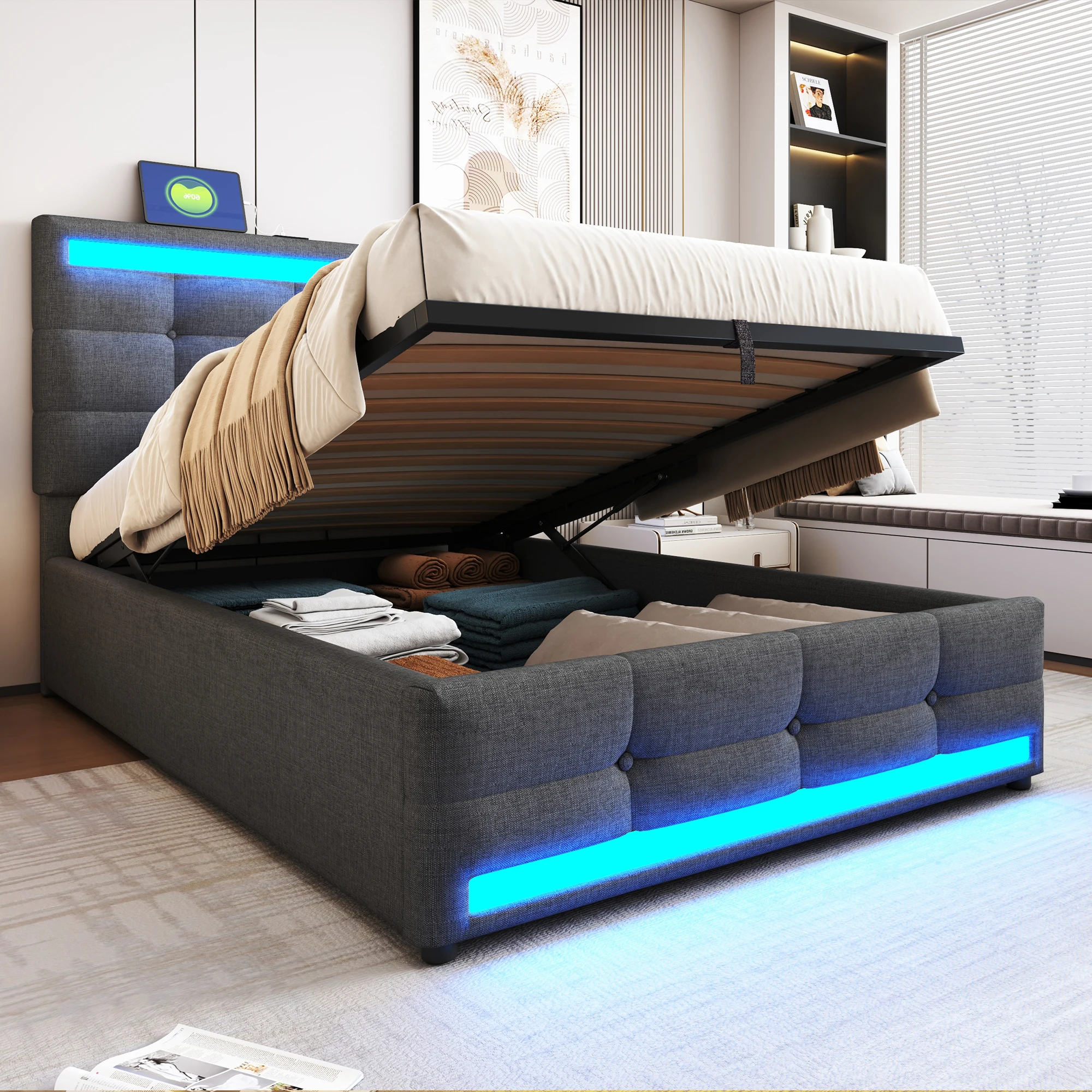 MODFU gestoffeerd bed 90×200 jeugdbed zonder matras met USB-kleurveranderende LED-verlichting, bedframe met bedbodem