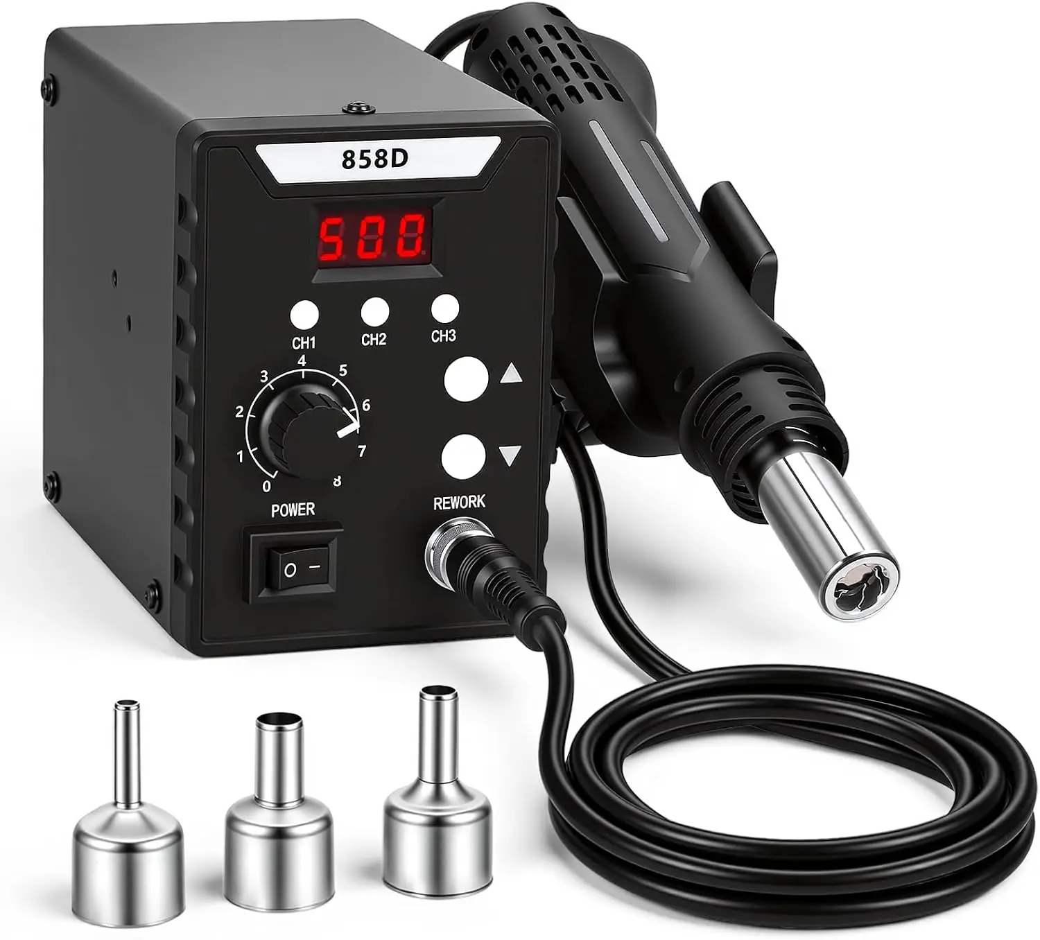 Stazione di rilavorazione con pistola ad aria calda da 700 W per componenti SMD, dotata di 3 canali preimpostati, display digitale a LED e temperatura regolabile da 100 a 500. ° C, Stabilizzazione PID