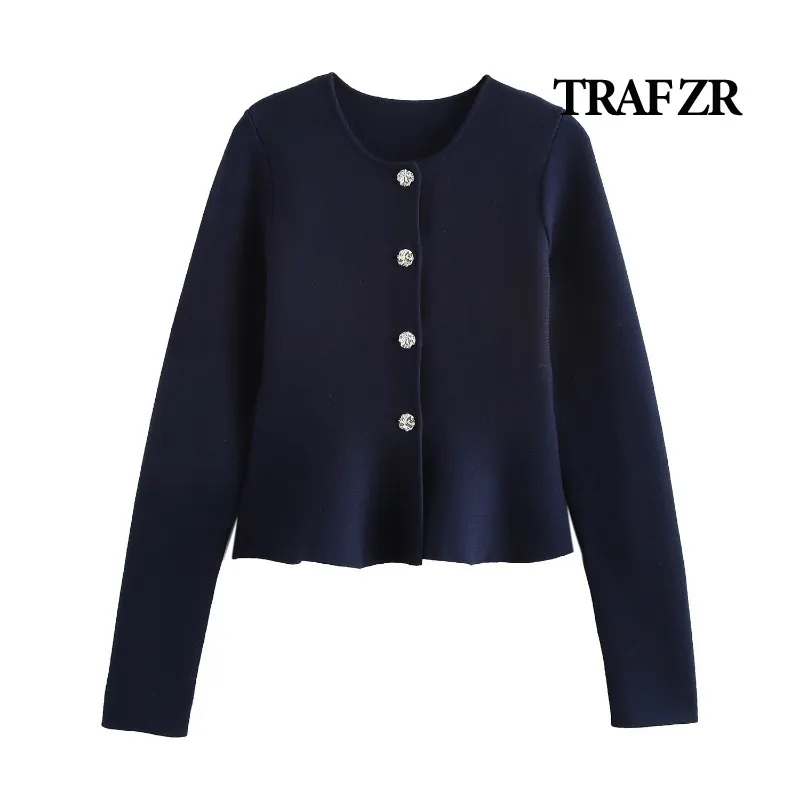 TRAF ZR-cárdigan de punto Y2k para mujer, Top Vintage minimalista, suéteres acogedores, suéter liso de otoño, cárdigans de manga larga con cuello redondo