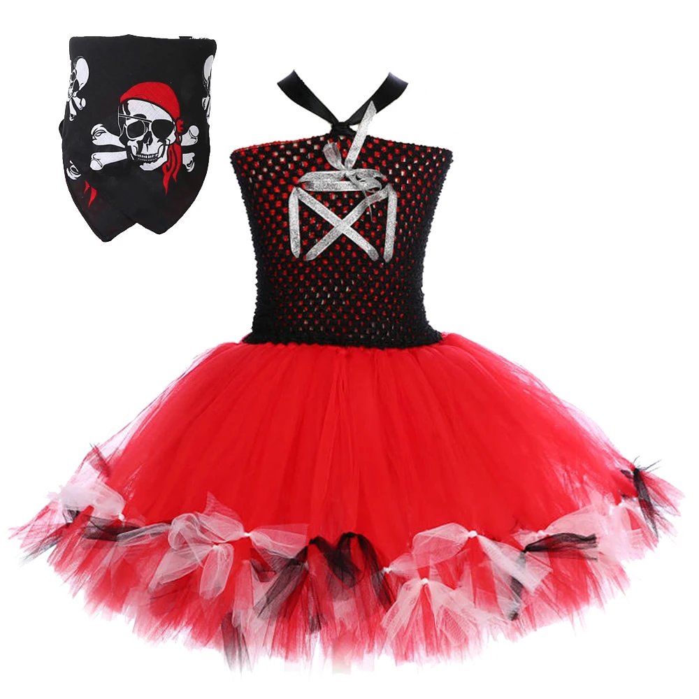 Fluffy Black Red Pirate Costumes for Girls Halloween Christmas Princess Dresses for Kids New Year Carnival Party Outfit with Hat