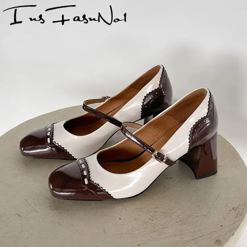 

Элегантные женские туфли Мэри Джейн из натуральной кожи, модные разноцветные универсальные повседневные туфли с пряжкой на ремне, женские туфли-лодочки на массивном каблуке