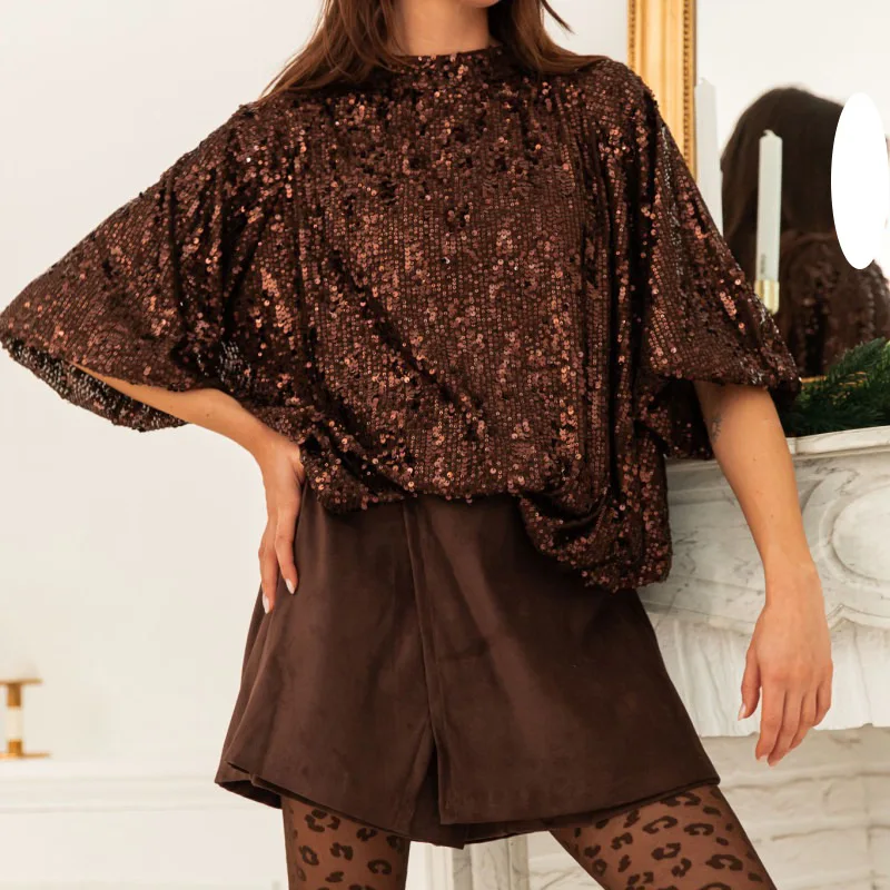 

Casual Women's Clothing, Sequined Beaded Mid-sleeved Semi-turtleneck Back Strap Top Shirt