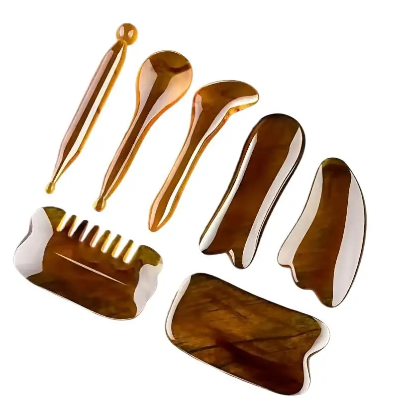 

Набор из 7 янтарных массажных инструментов Гуаша для лица и тела, косметический инструмент для спа-процедур, ухода за кожей, снятия боли в шее, скребок для массажа, массажная доска