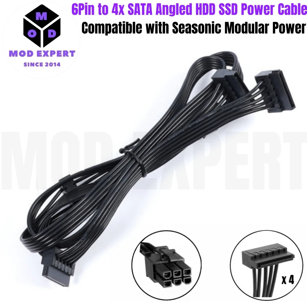 6Pin to 4 SATA Angled HDD SSD Power Cable for Seasonic CORE GX-650, GX-550, GX-500 GOLD Full Modular Power, 50+15+15+15CM, 18AWG