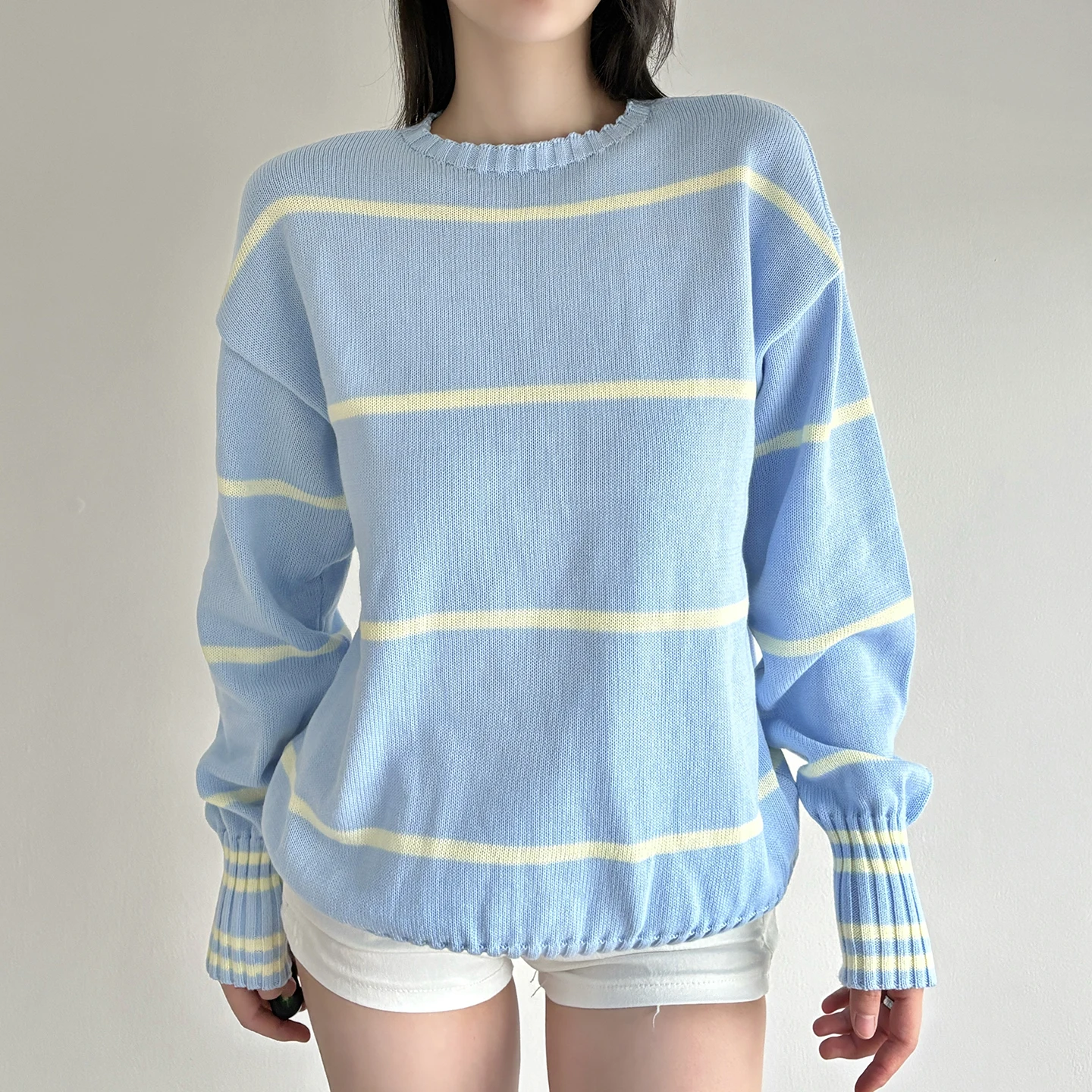 

Повседневные базовые полосатые свитера, свободные вязаные пуловеры с круглым вырезом и длинными рукавами, женские пуловеры 202, осень-зима, академический эстетический топ, модный