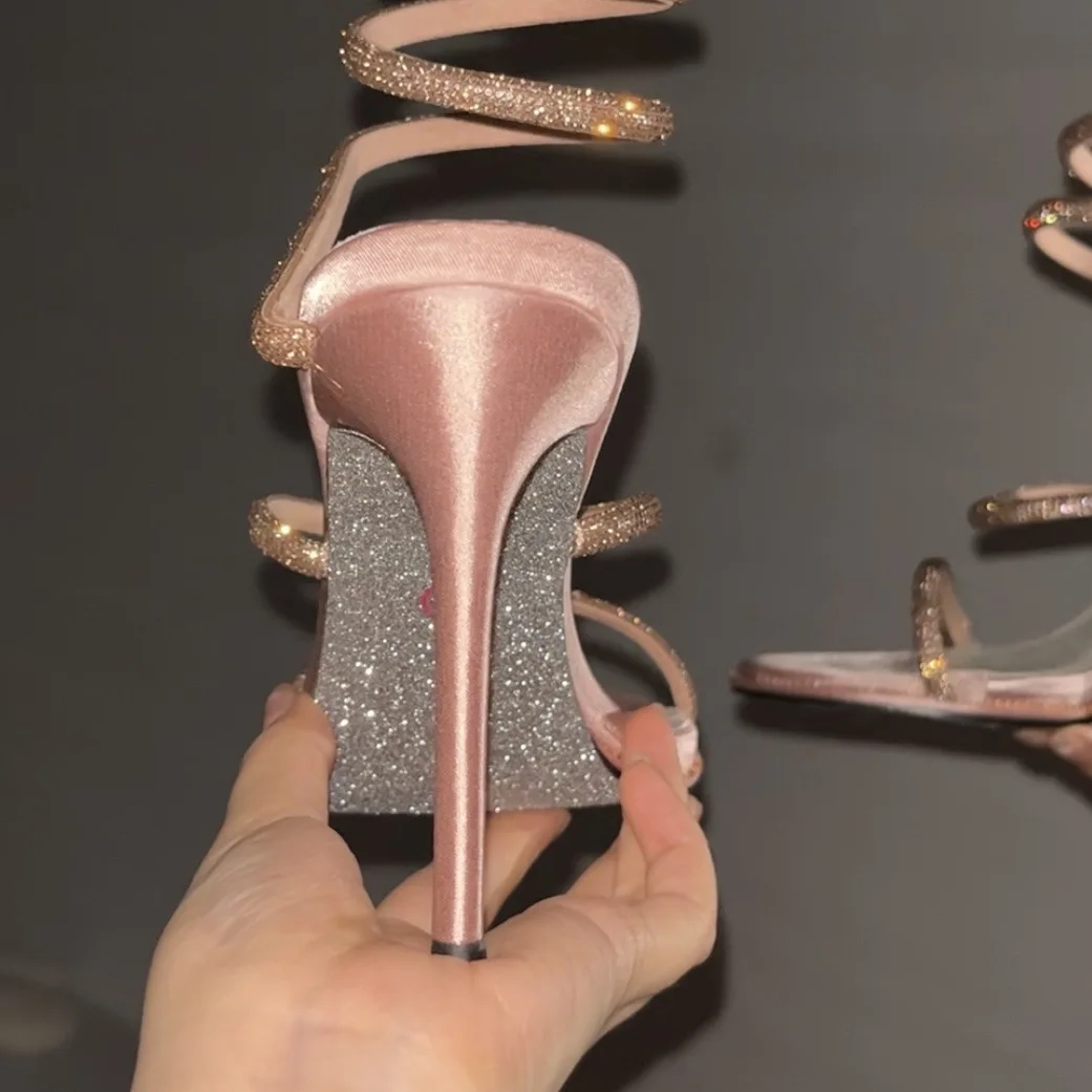 CHMURY brokat różowy szpilki Stiletto kobiet 10cm impreza sandały kobieta z obcasem luksusowy projektant elegancka kobieta sandały