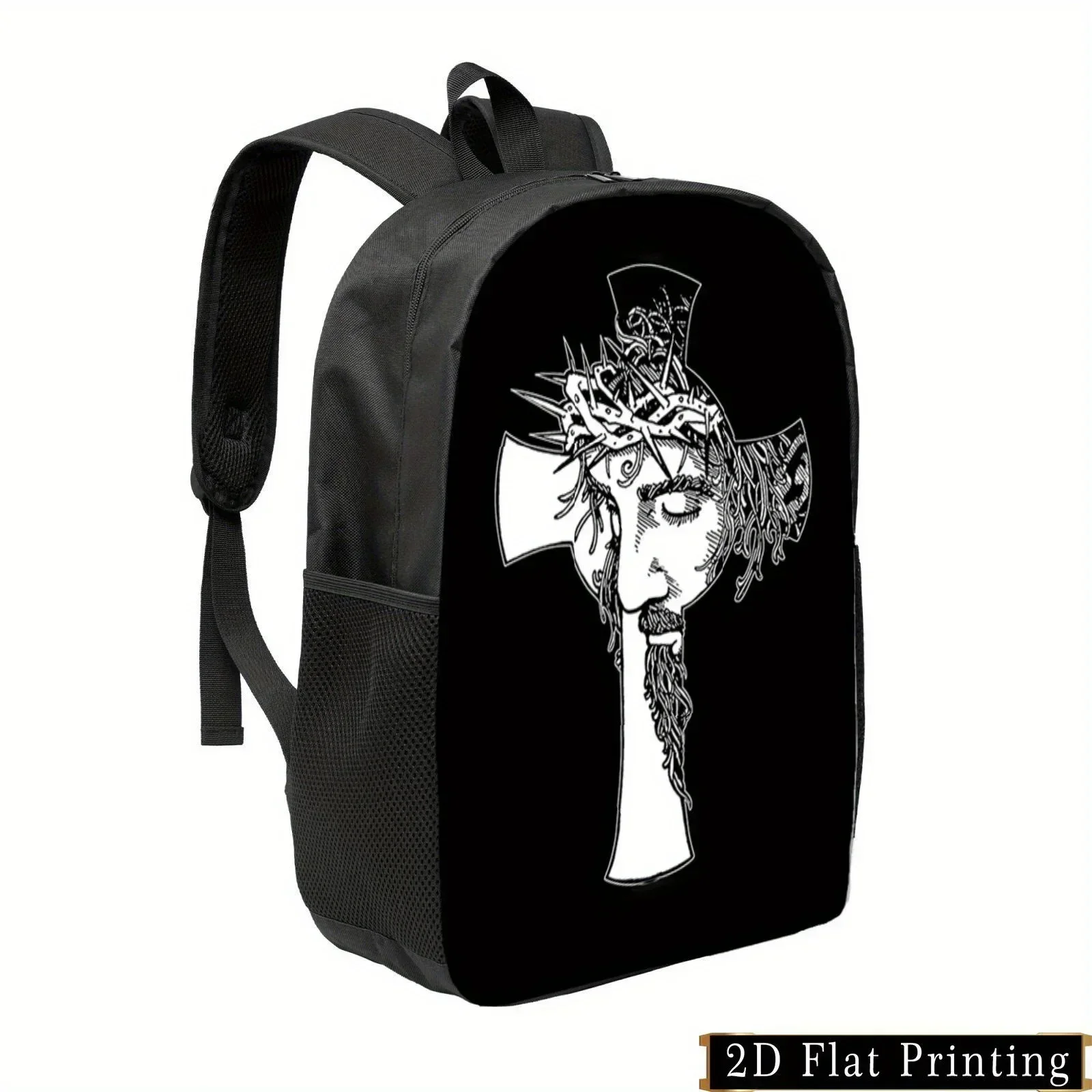 Custom Bag Large Capacity Christian Backpack With Jesus Cross Print & Jesus Face Design - Adjustable Strap, Zipper Closure, Fold