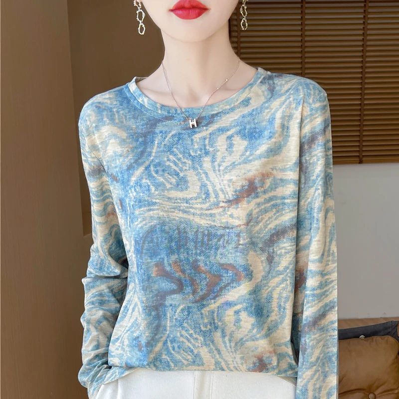 Spring And AutumnNew Women\'s Round Neck Pullover Multi-Color Printed Casual Base Sweater Long Sleeved Loose Fashion Sweater