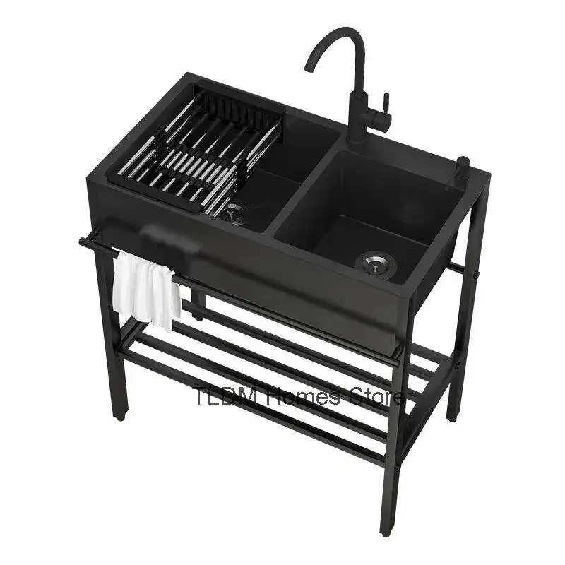 with Bracket Integrated Vegetable Basin Stainless Steel Kitchen Sinks Large Dishwashing Basin Floor-standing Balcony Double Sink