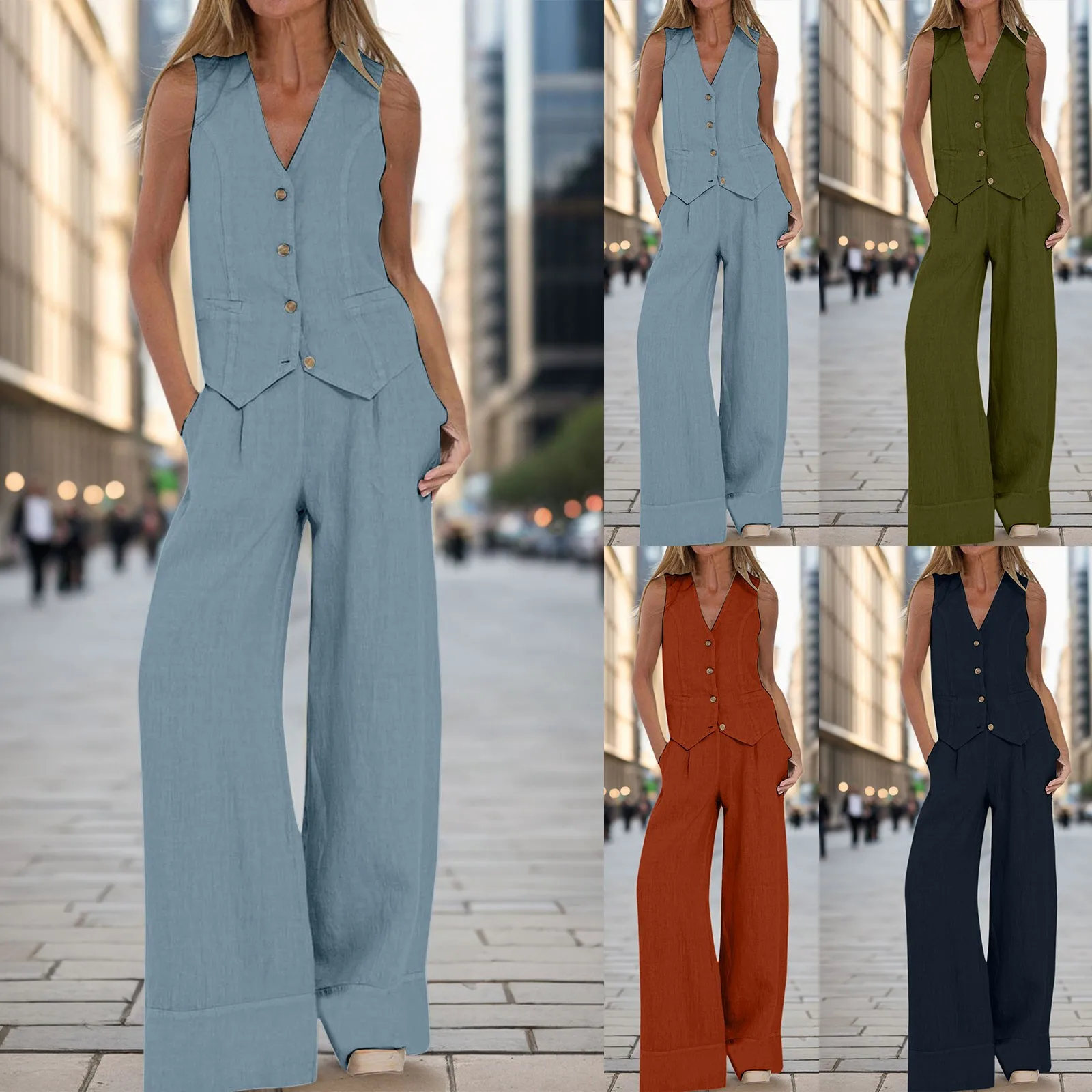 Two-piece Set New in Fashionable Solid Color V-neck Button Sleeveless Vest Tops Commuter Wide Leg Pants Women 2-piece Set 2024