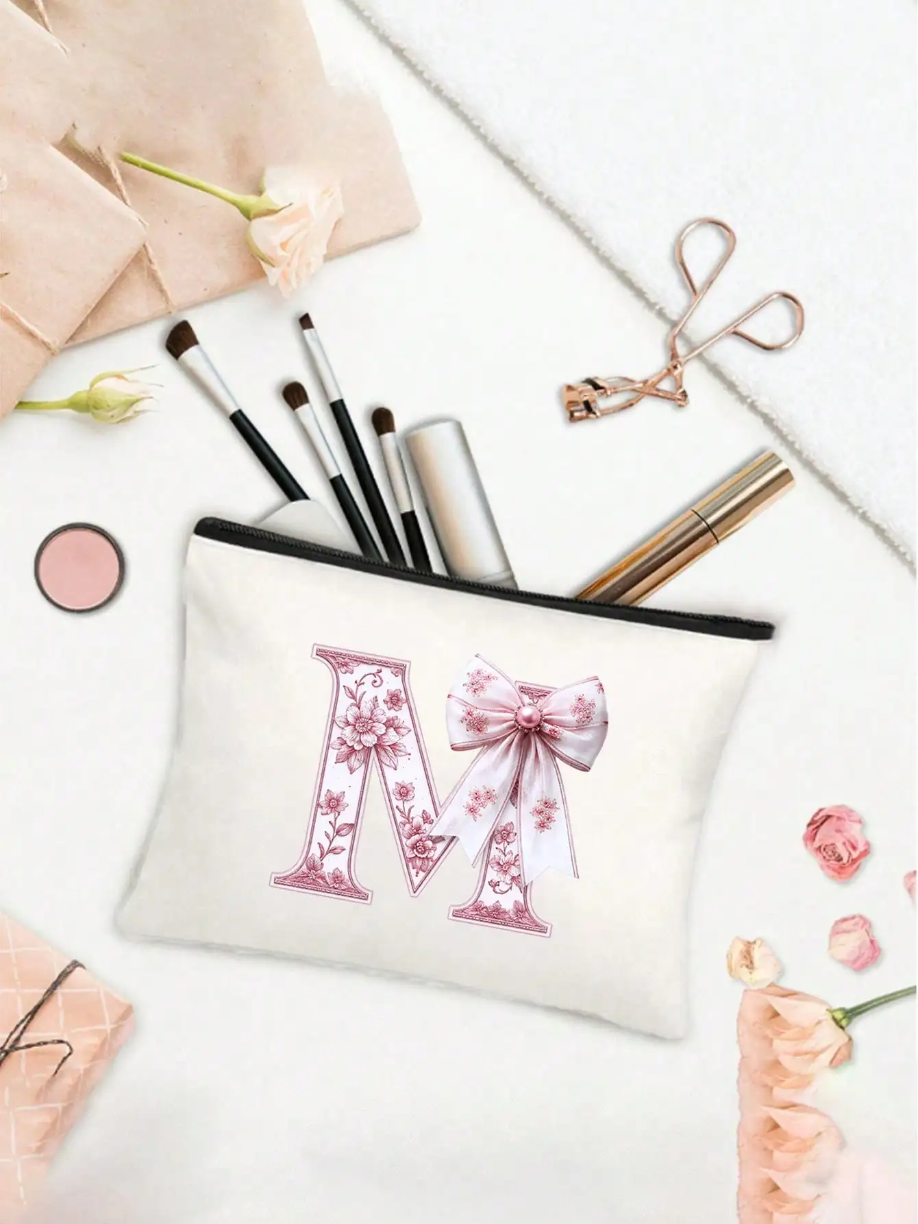 Cute Pink Floral Bow Monogram Cosmetic Bag For Women A-Z Initial Letter Travel Toiletry Pouch Zipper Bag Reusable Zipper bag