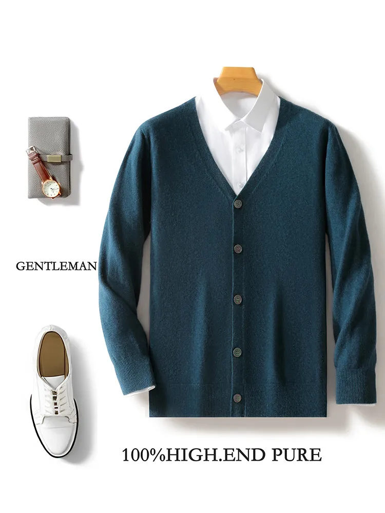 

100% Australian Wool Button Cardigan Men's V-Neck Thickened Solid Color Sweater Business Casual Cashmere Knitted Jacket